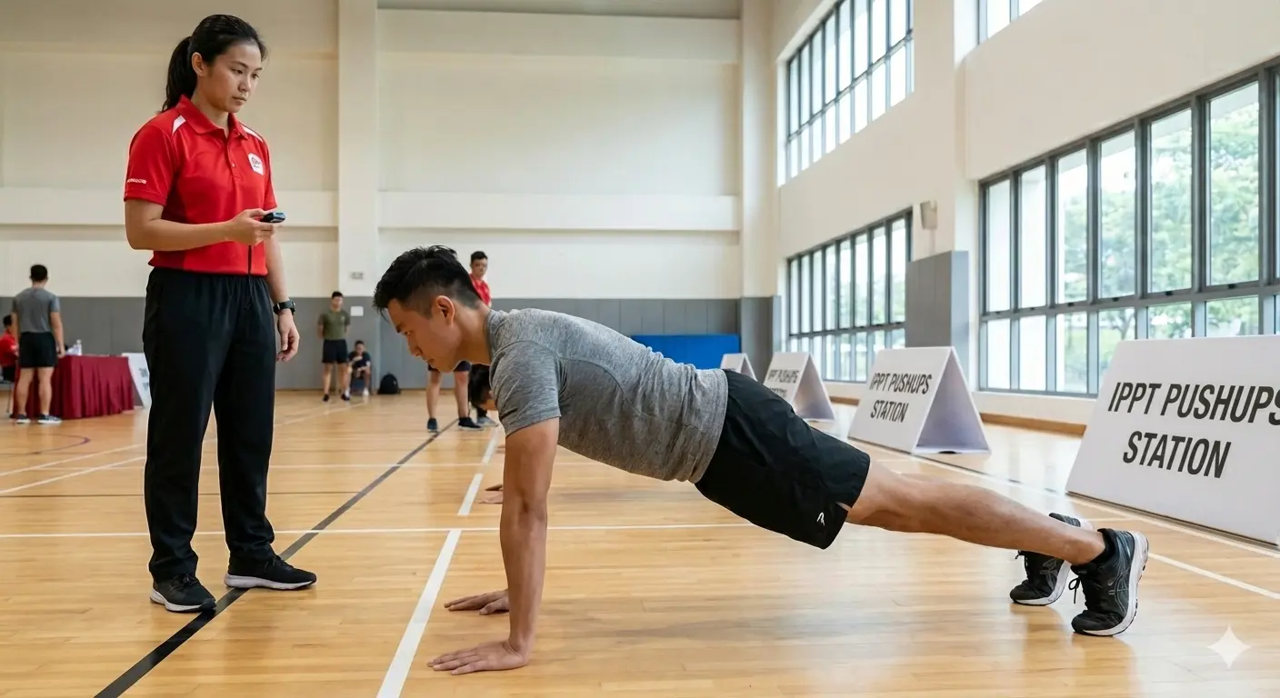 Person doing IPPT pushups in gym on wooden floor