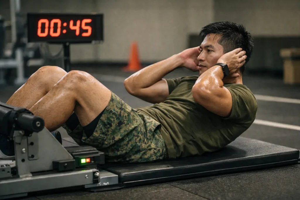 A Singaporean male NSman (mid-20s to early-30s, Asian, athletic but not bodybuilder) performing sit-ups on an official ELISS sit-up testing machine.