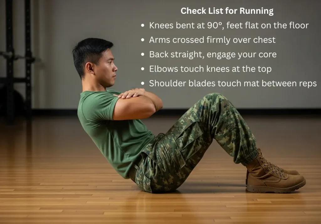 Visual guide showing correct execution of a sit-up for the IPPT station