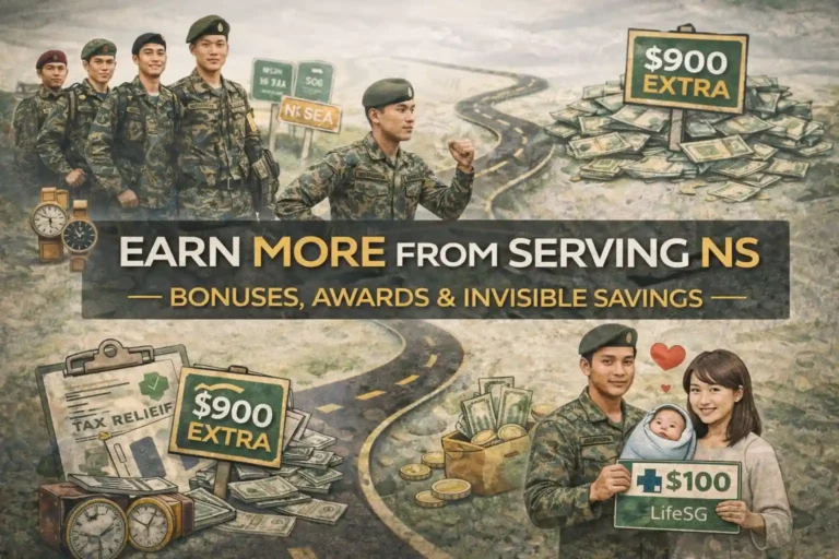 Singapore NSmen earning bonuses, awards, and savings through National Service, showing reservists, financial incentives, tax relief, and LifeSG credits for NS performance