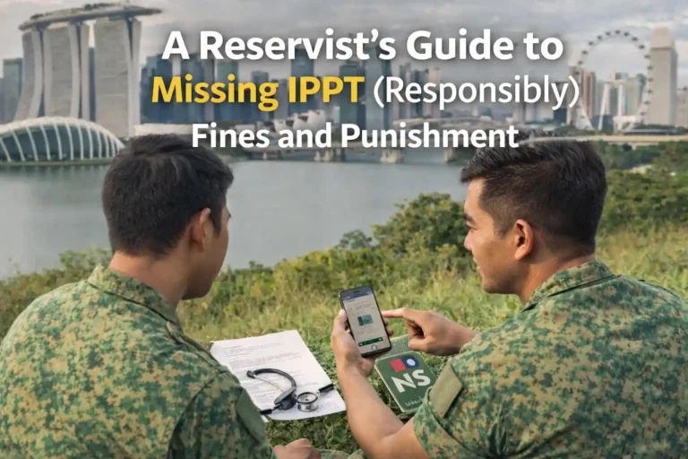 Reservist guide to missing IPPT responsibly in Singapore, showing NSmen reviewing IPPT requirements, penalties, fines, and proper procedures for National Service fitness tests