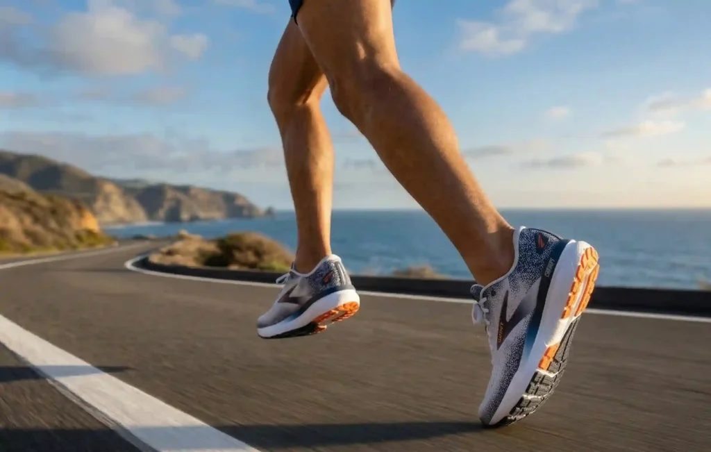 Man wearing Brooks mens Ghost 16 Sneaker running on race track