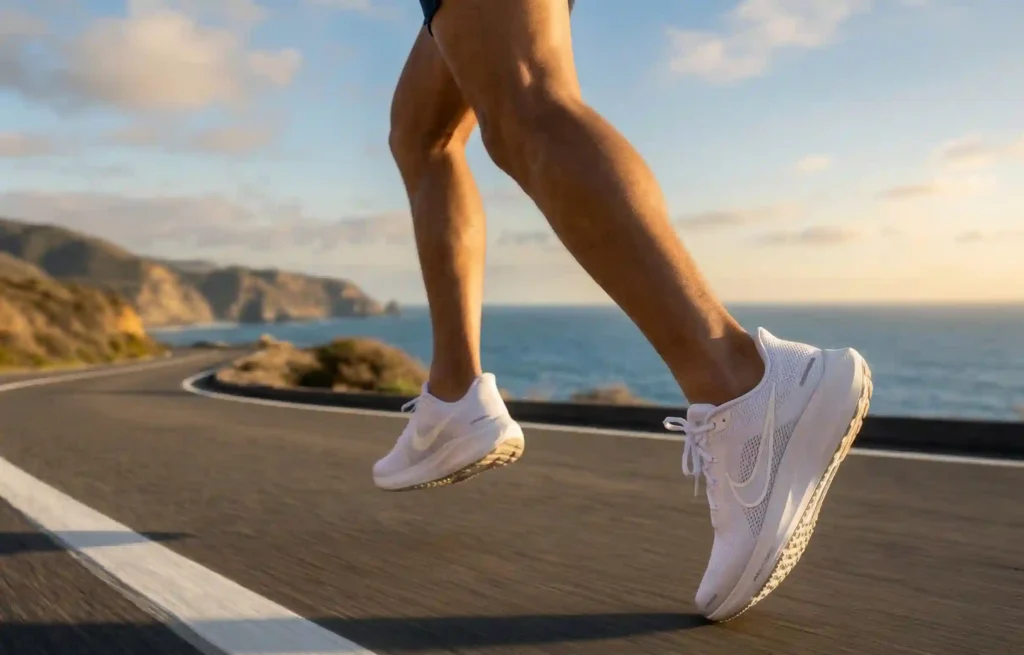 A person wearing NIKE Men's Air Zoom Pegasus 40 Sneaker running n race track