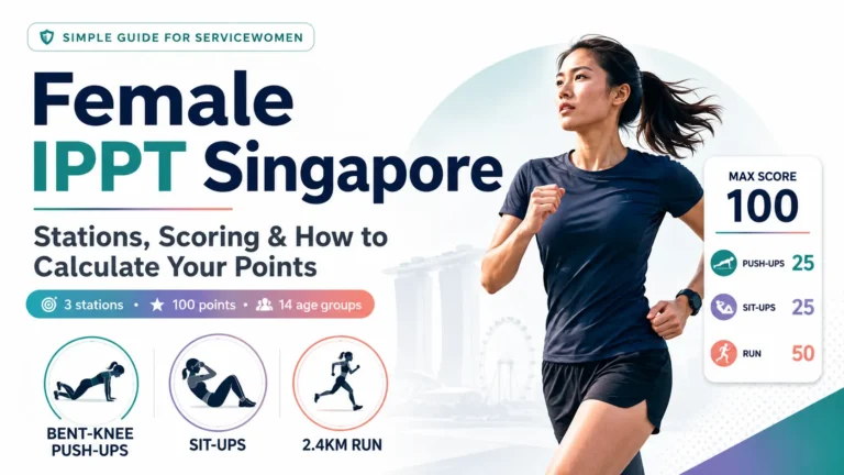Female IPPT Singapore guide showing bent-knee push-ups, sit-ups, 2.4km run and 100-point scoring for servicewomen