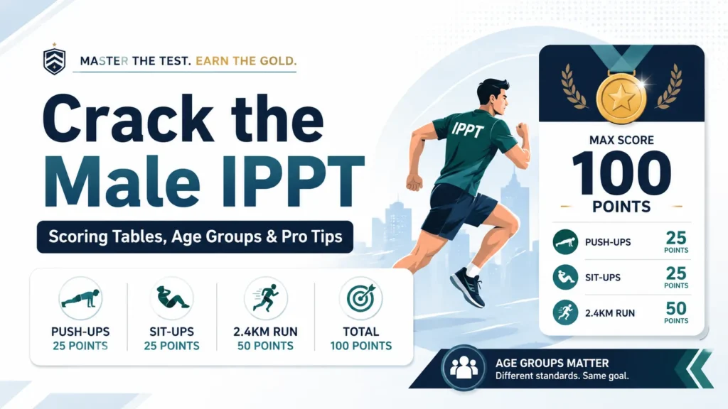 Male IPPT scoring guide showing push-ups, sit-ups, 2.4km run, 100 points and age group strategy for Singapore NSmen